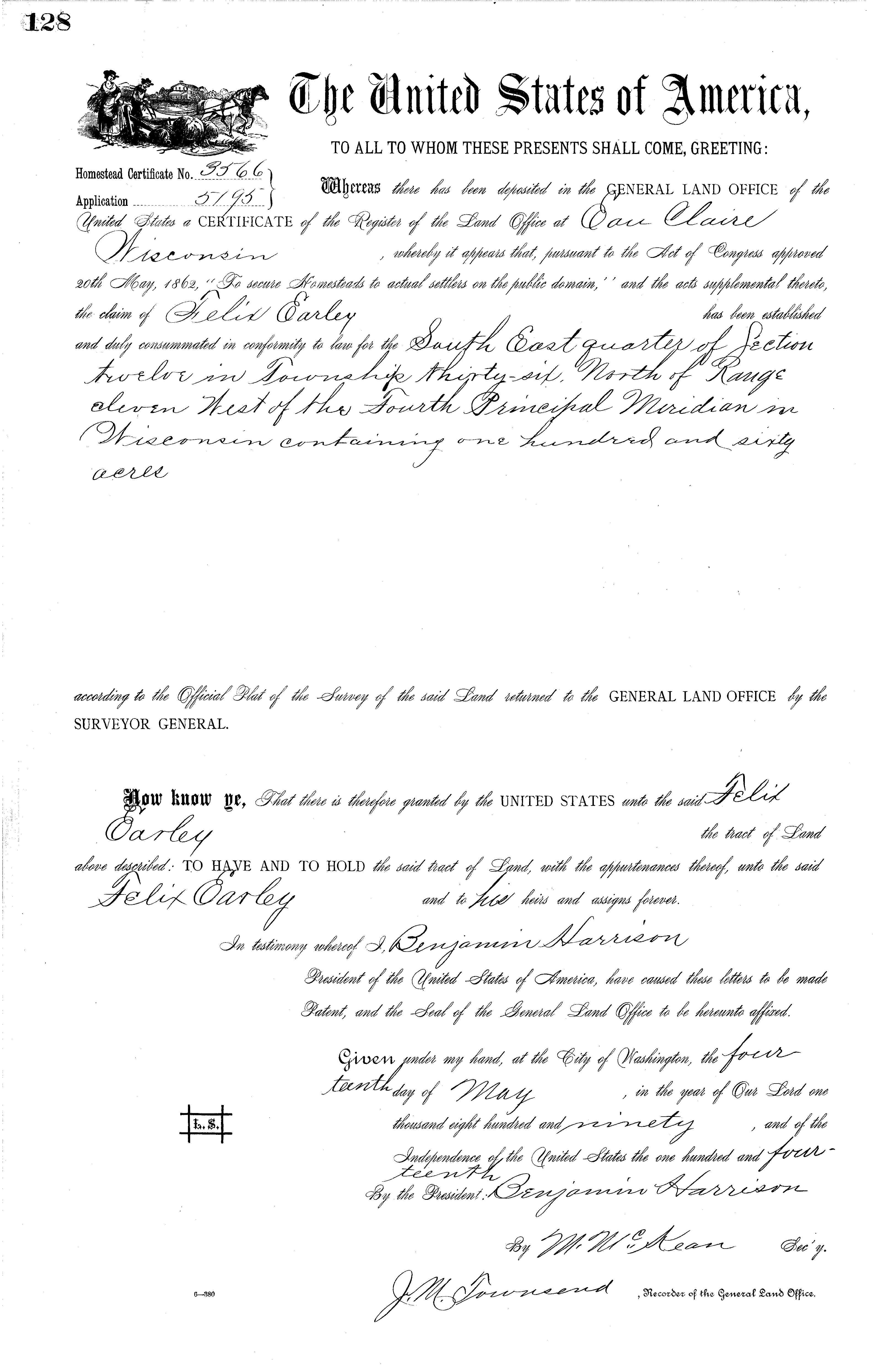 1890 Felix Earley Land Deed