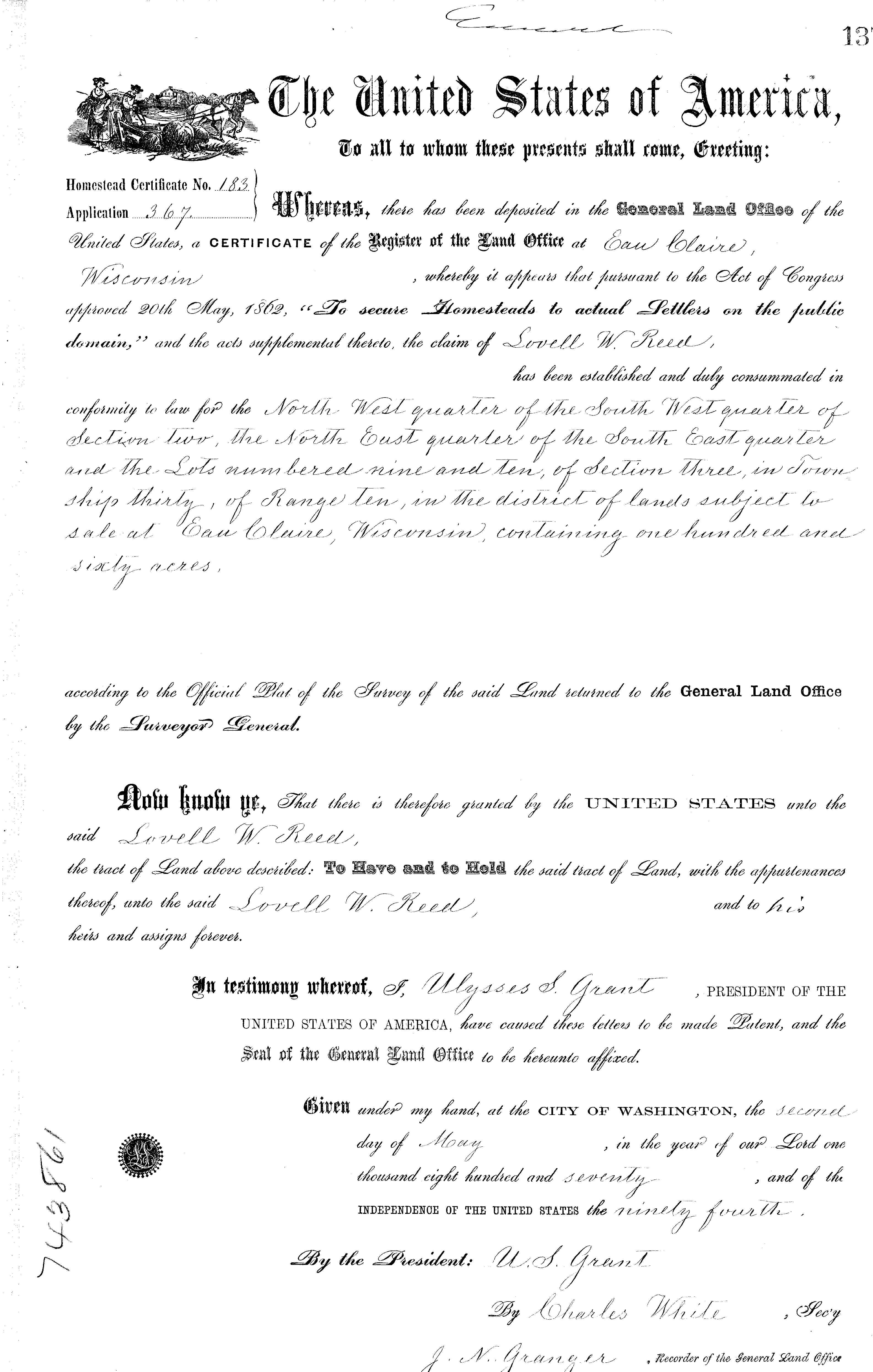 1892 Lovell Reed Land Deed