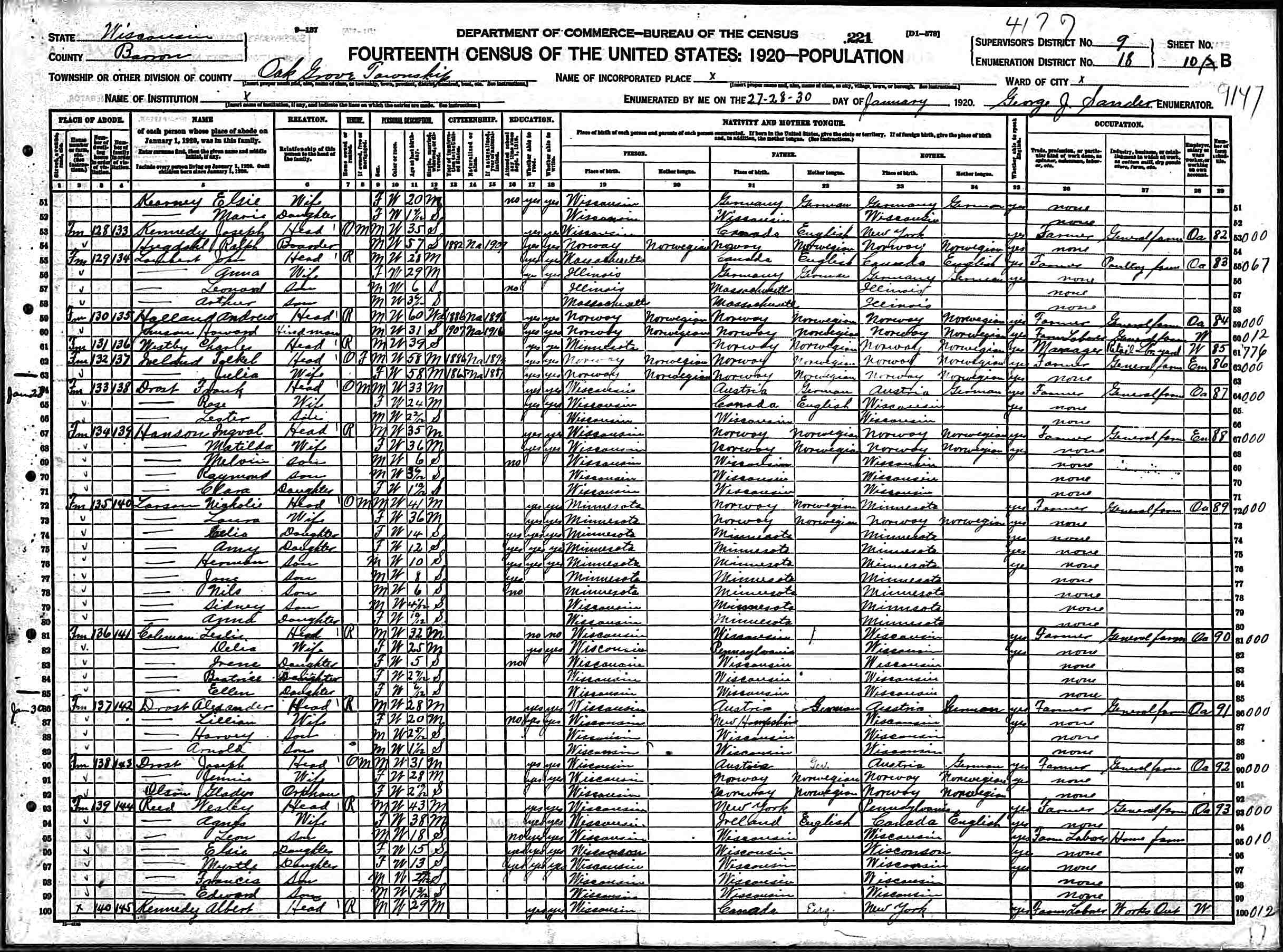 1920 Wesley Reed Census