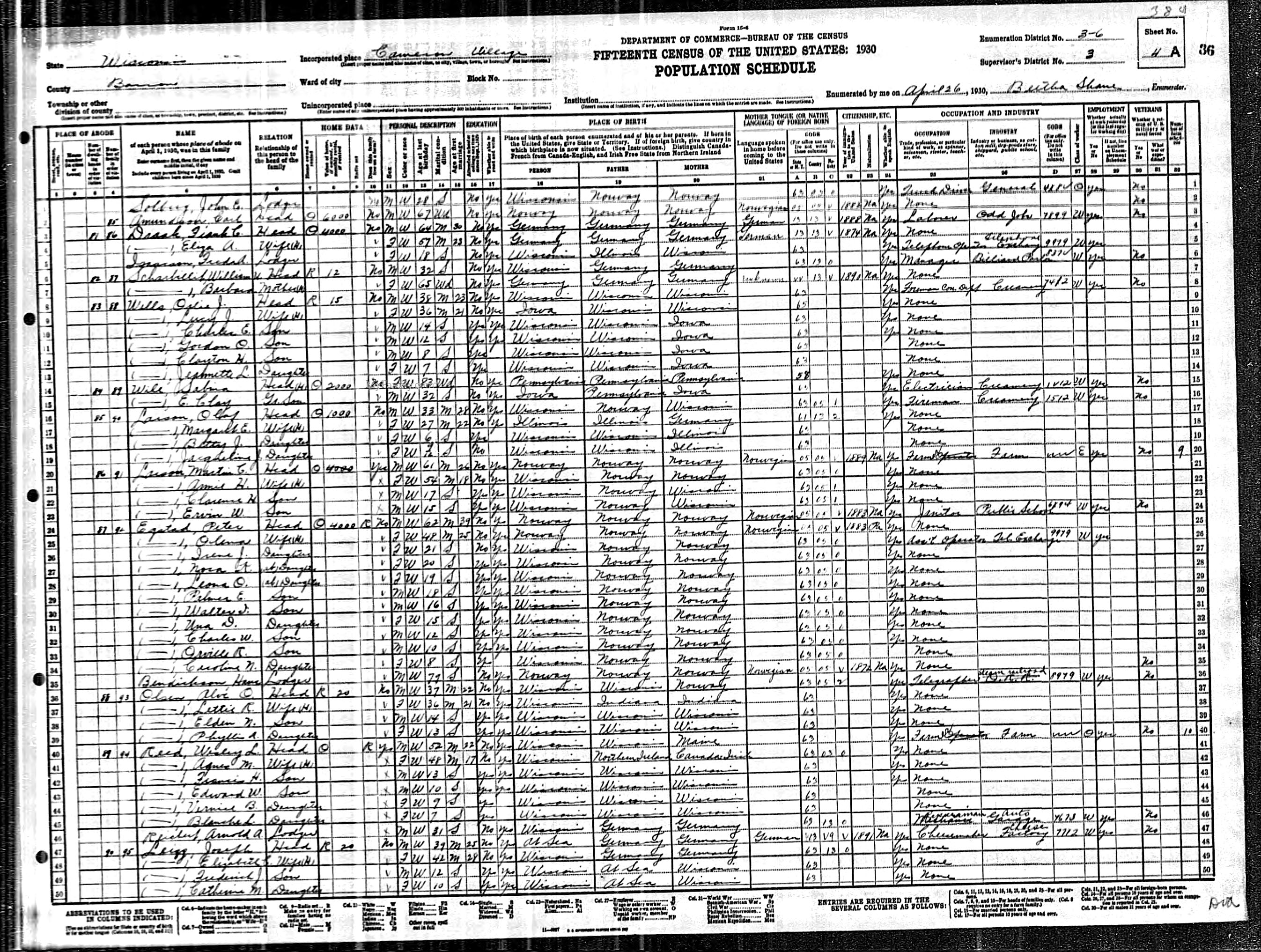 1930 Wesley Reed Census